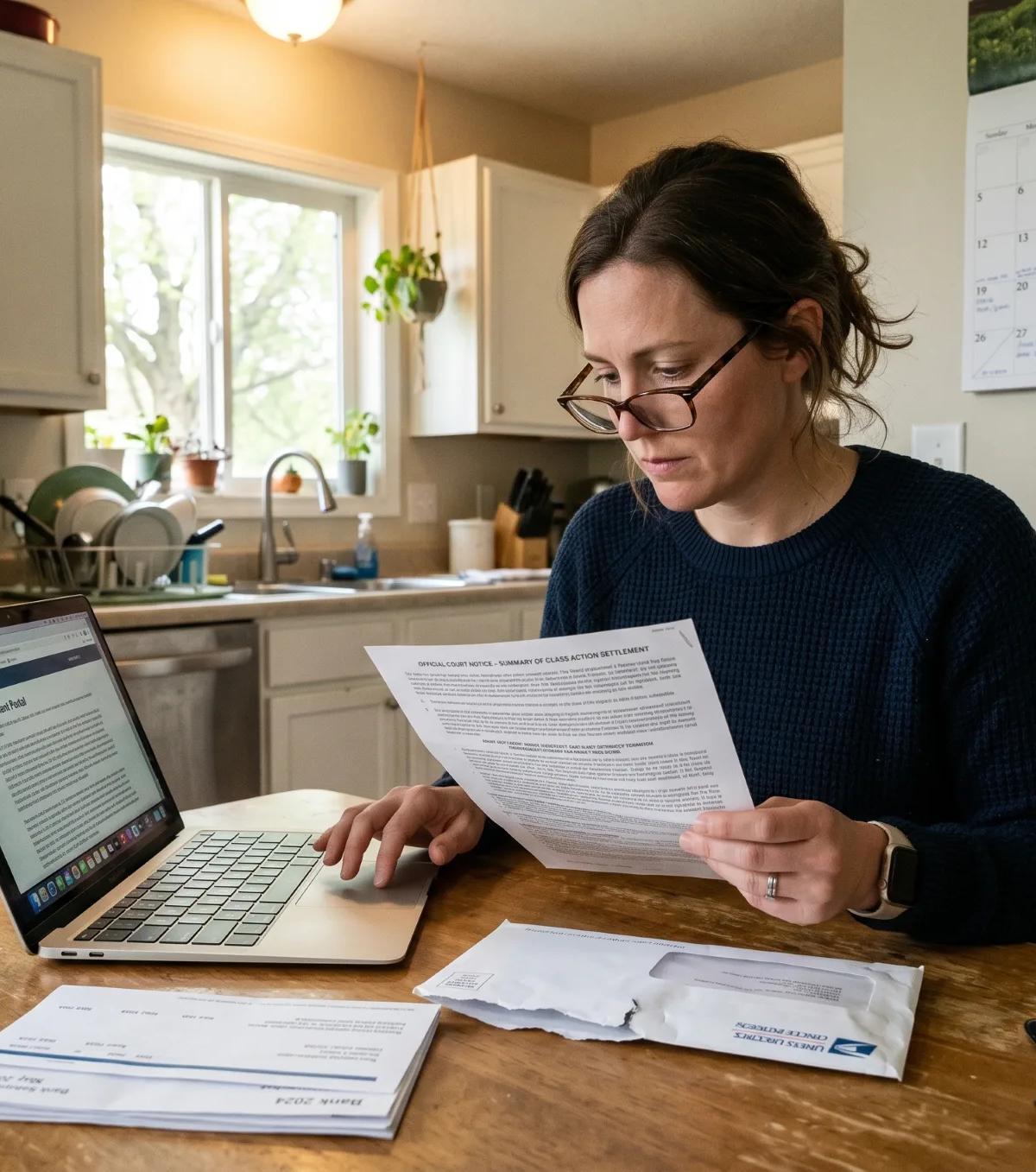 Woman at a kitchen table reviewing a Pawn America data breach settlement class action notice on her laptop.