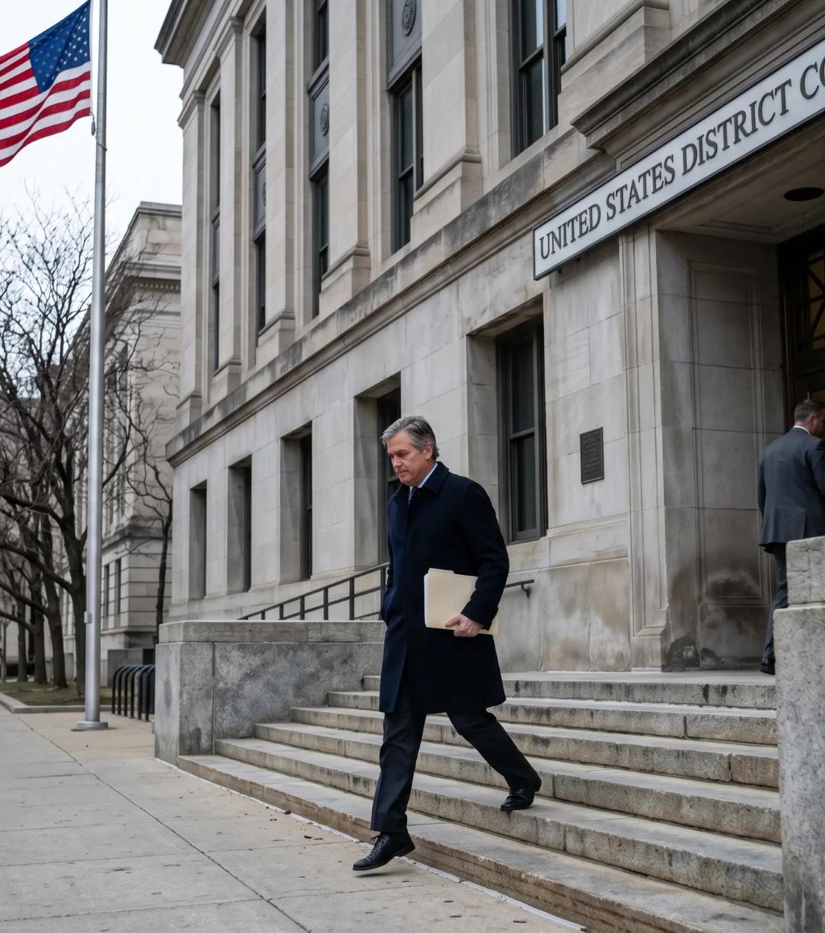 Man in overcoat leaving a United States District Court building after a Pawn America data breach settlement hearing.