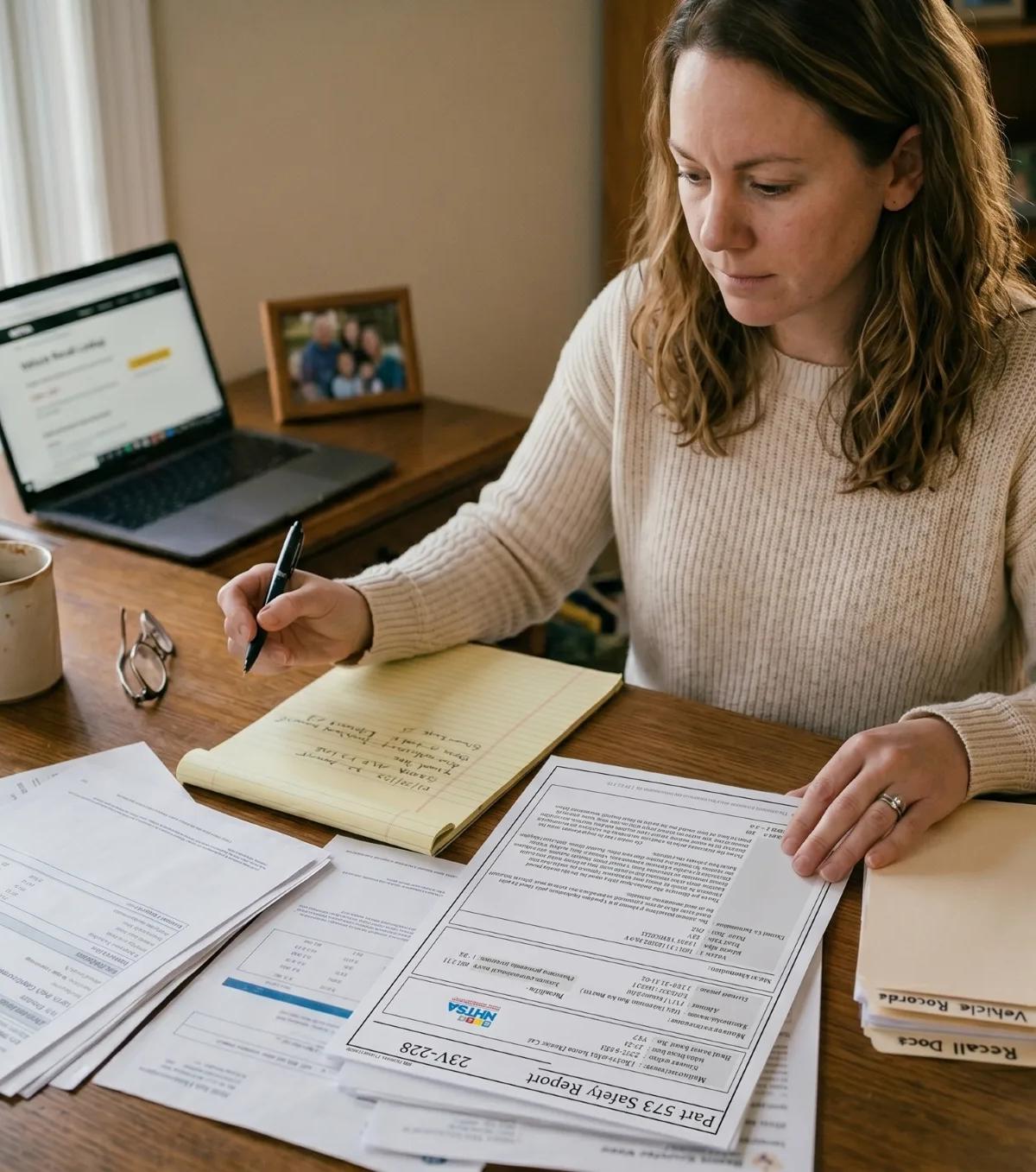 Vehicle owner organizing recall notice, service records, and warranty documents at a home office desk to support a potential rearview camera lemon law claim.