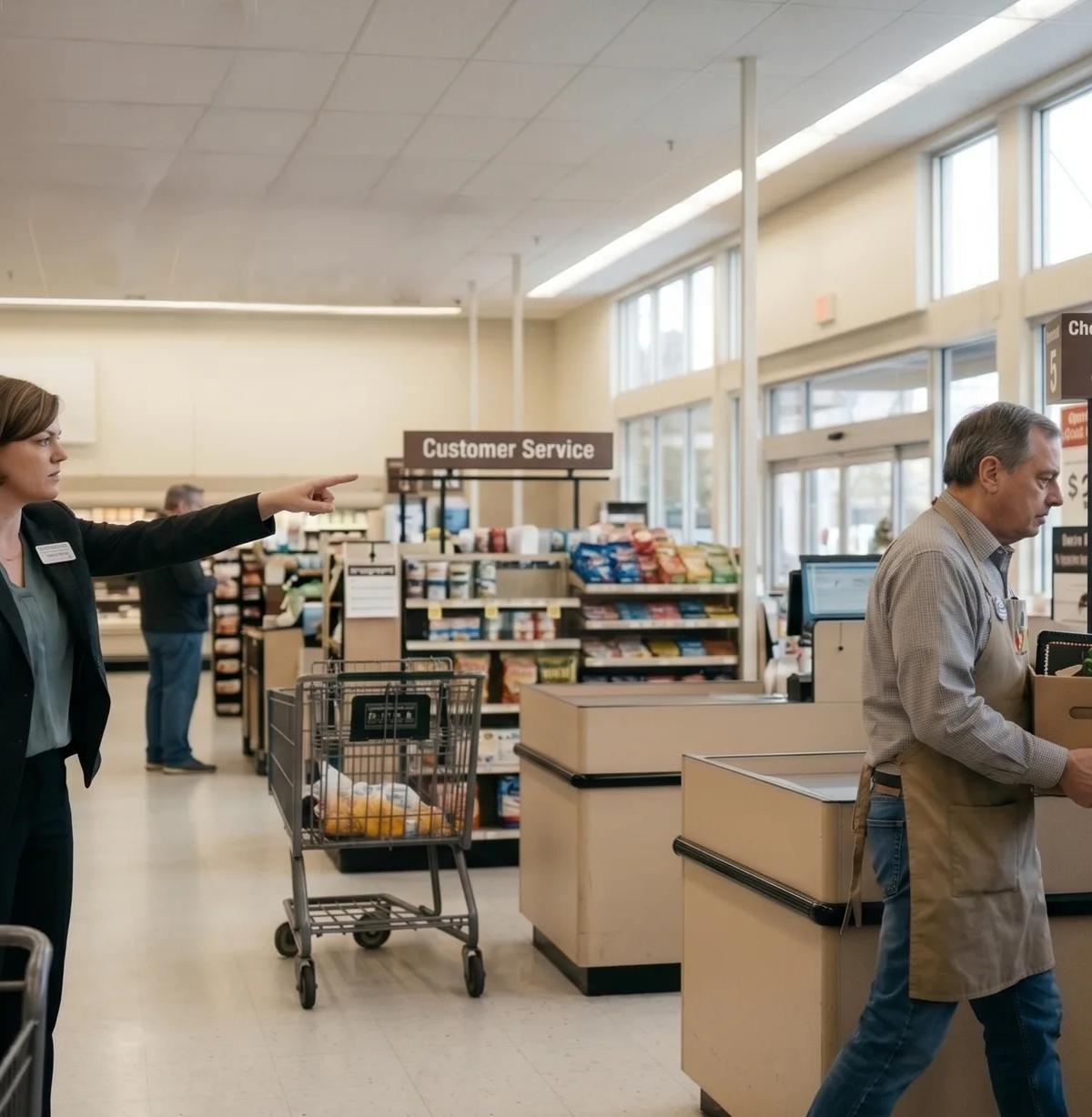 San Francisco employment lawyer scenario showing manager dismissing grocery store employee carrying personal belongings in a cardboard box at checkout area.