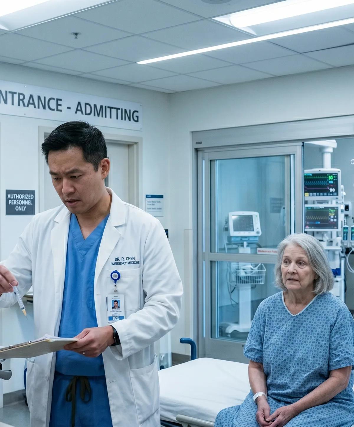 an Jose medical malpractice attorney scenario showing emergency room doctor preparing syringe near elderly patient and nurse at admitting area.