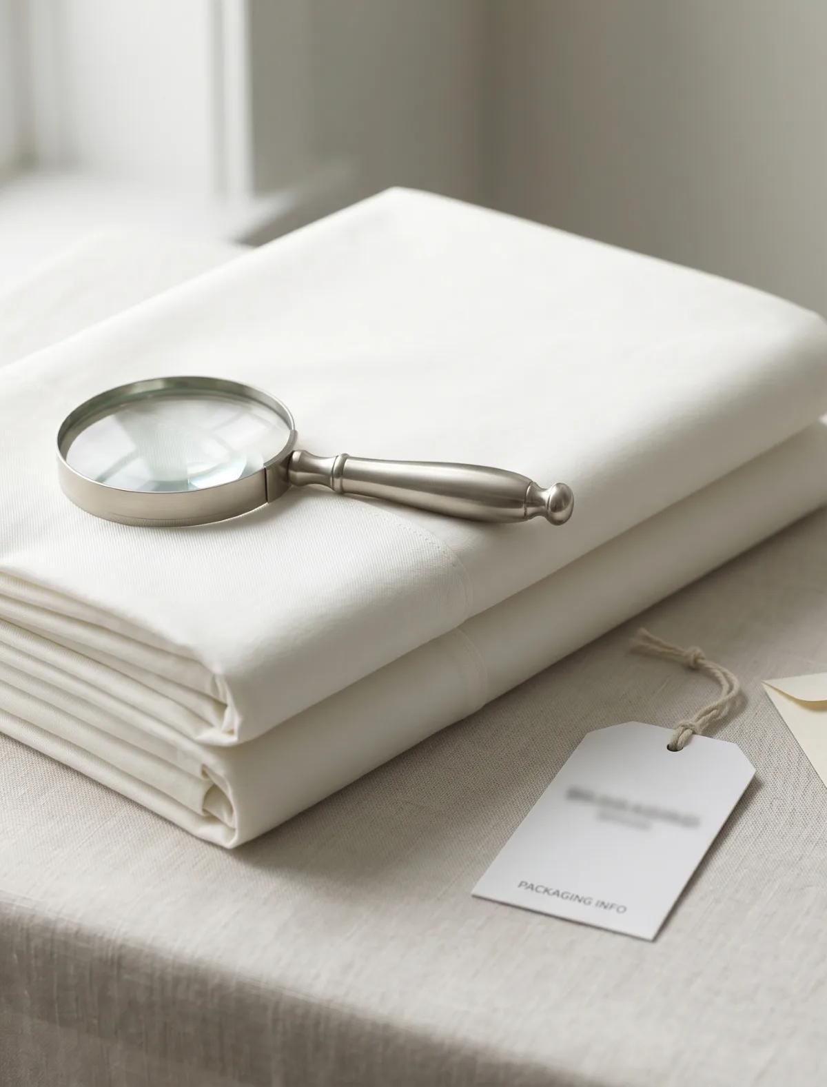 A neatly folded stack of white cotton bed sheets rests on a pale linen-covered surface near a window, with a brushed nickel magnifying glass placed on top as if examining the weave. A small white packaging tag and a folded legal notice document sit alongside the stack. Soft natural light fills the scene with a calm, investigative mood.