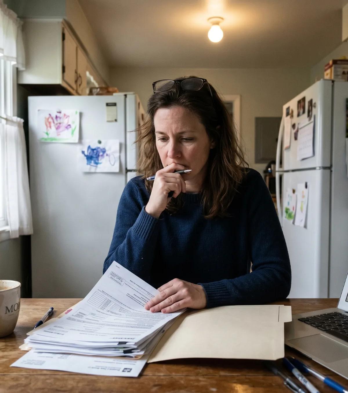 Woman reviewing financial documents and a spreadsheet at her kitchen table while considering a spousal support attorney in California.