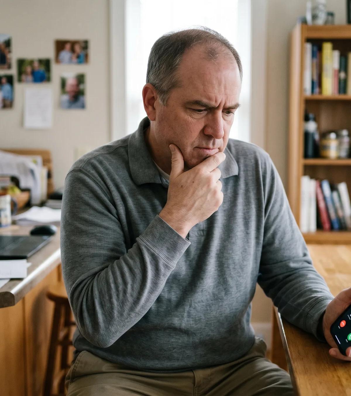 Middle-aged man at kitchen table staring skeptically at an incoming call on his smartphone