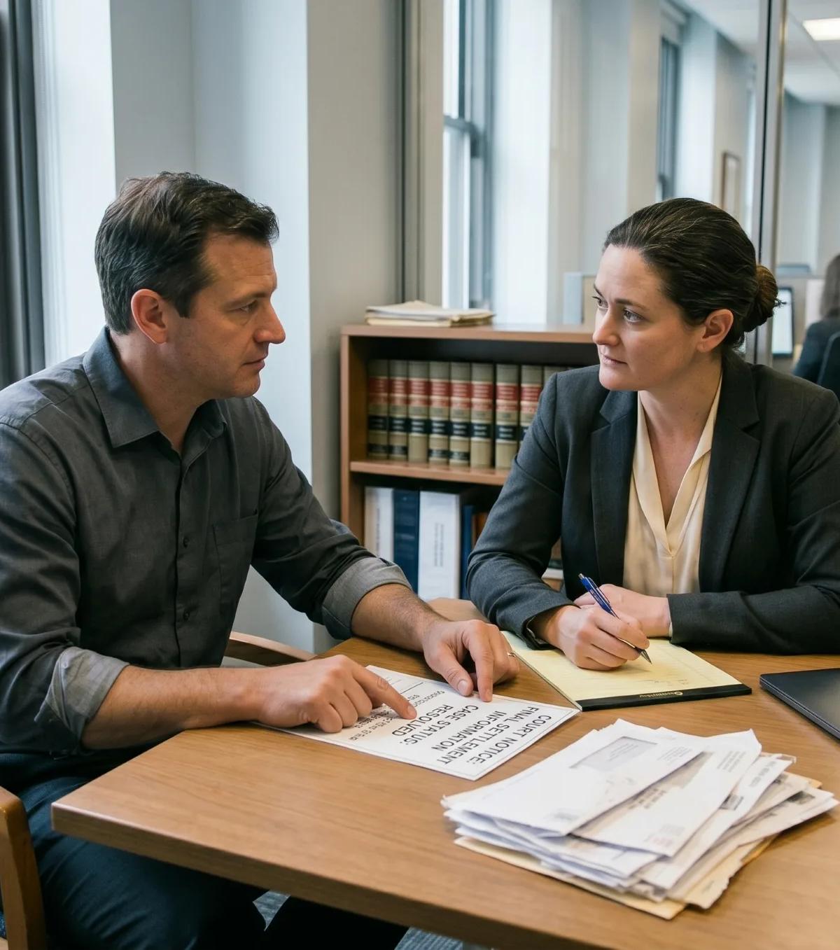 Consumer protection attorney consulting with a man at a law office table reviewing court settlement notice and creditor mail after being sued by a debt settlement company.