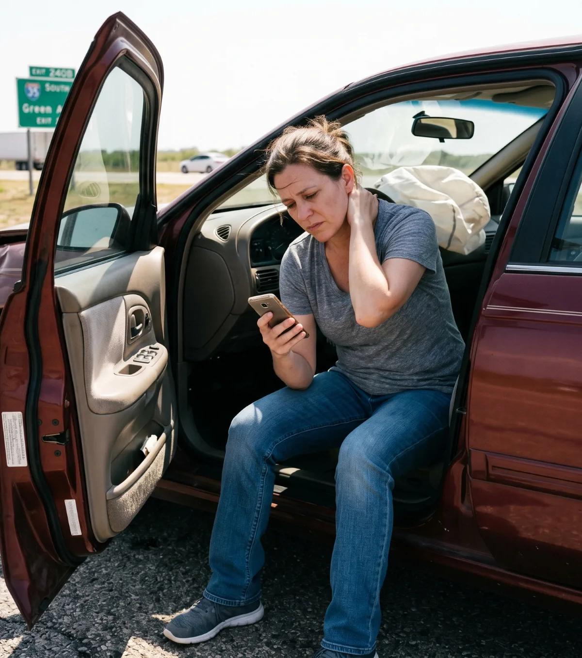 Woman After Texas Car Accident on Highway Shoulder Injured woman holding her neck in pain while sitting in a damaged car on a Texas highway shoulder after a car accident, checking her phone.