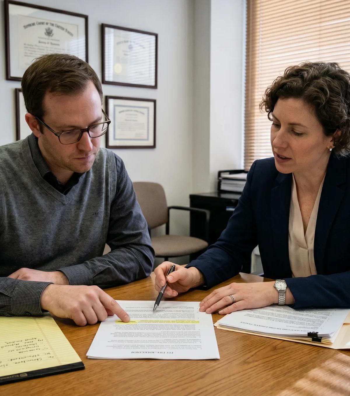 Client points to a highlighted clause on a typical attorney fee percentage agreement as a New York attorney explains contingency terms.