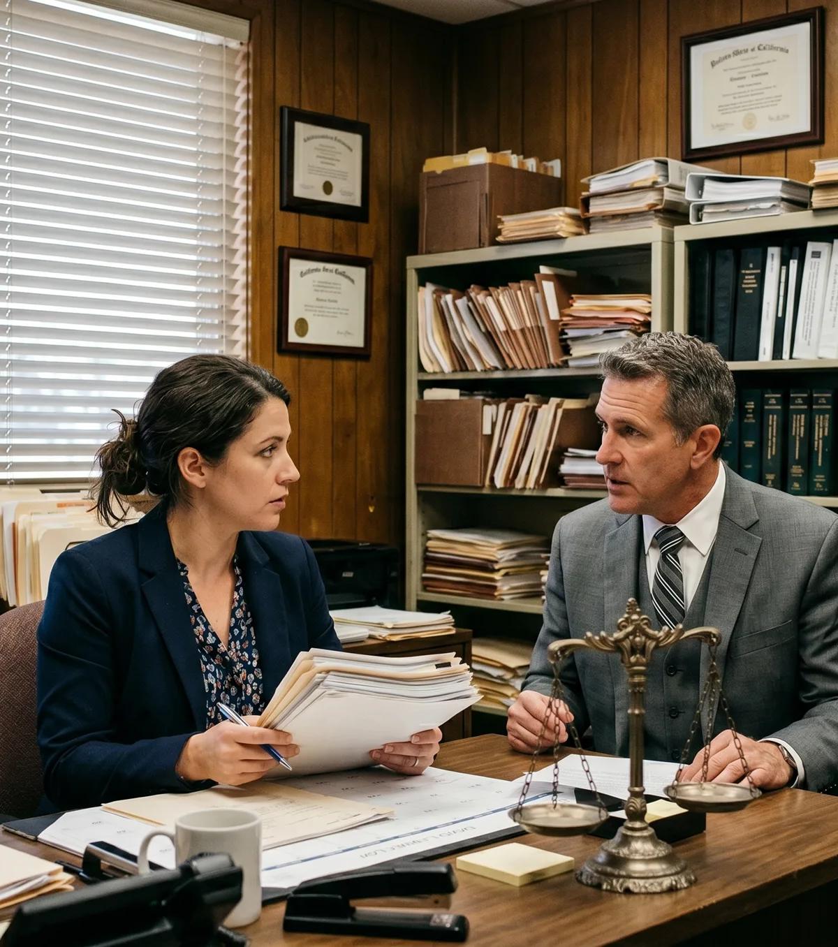 Woman holding case documents consults with a California personal injury attorney in a wood-paneled law office