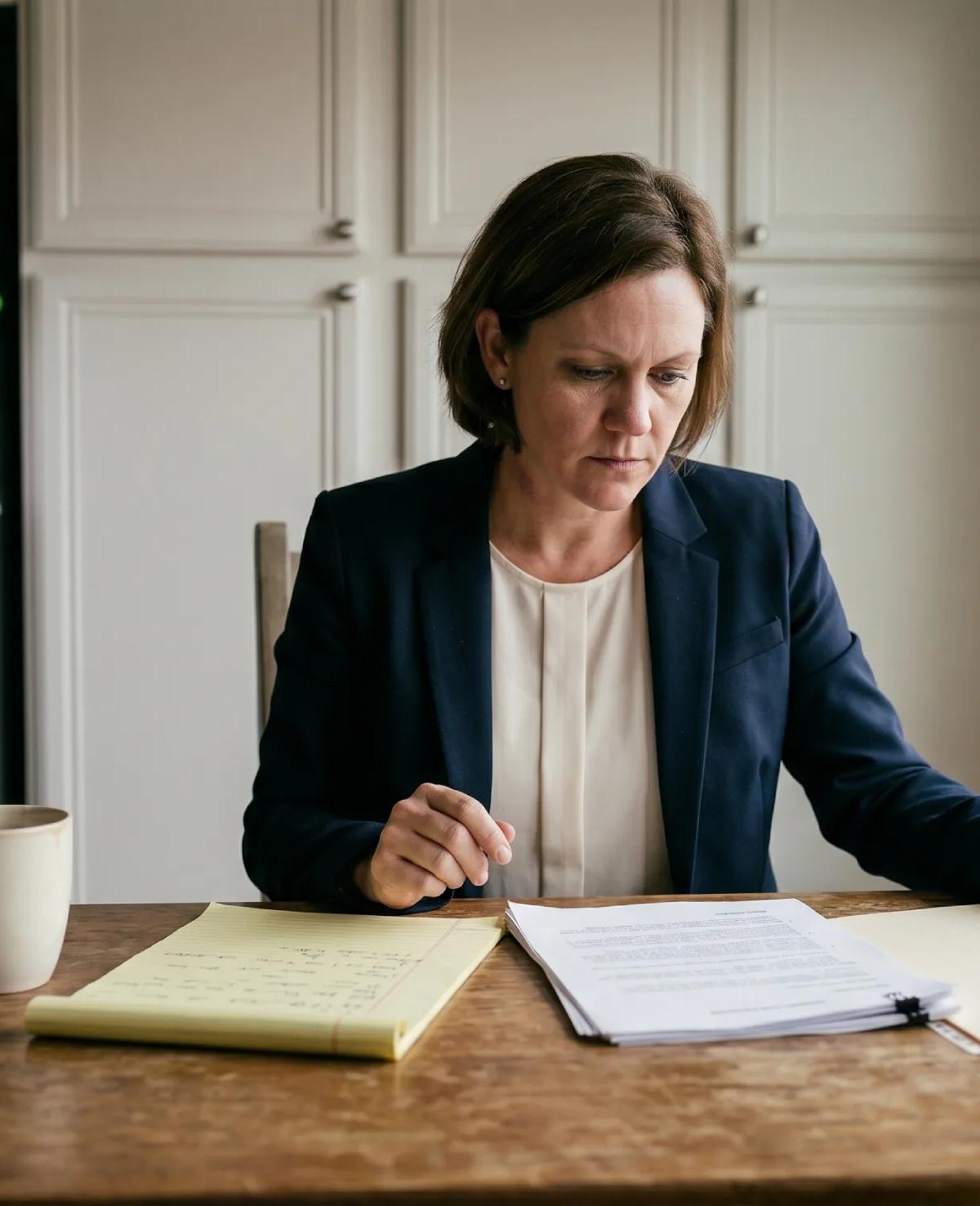Woman in navy blazer reviewing employment termination documents and EEOC folder at her kitchen table, taking notes for an unfair firing case.