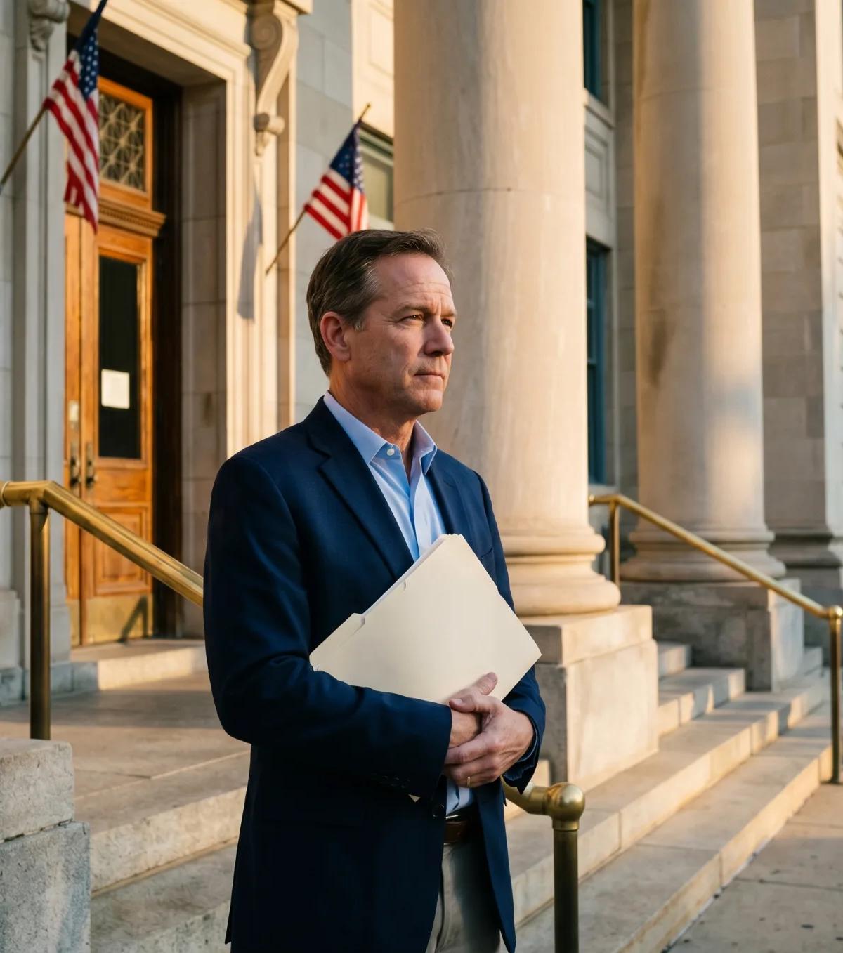 Man in navy blazer holding a manila folder stands on the steps of an American state courthouse with American flags and a brass railing.