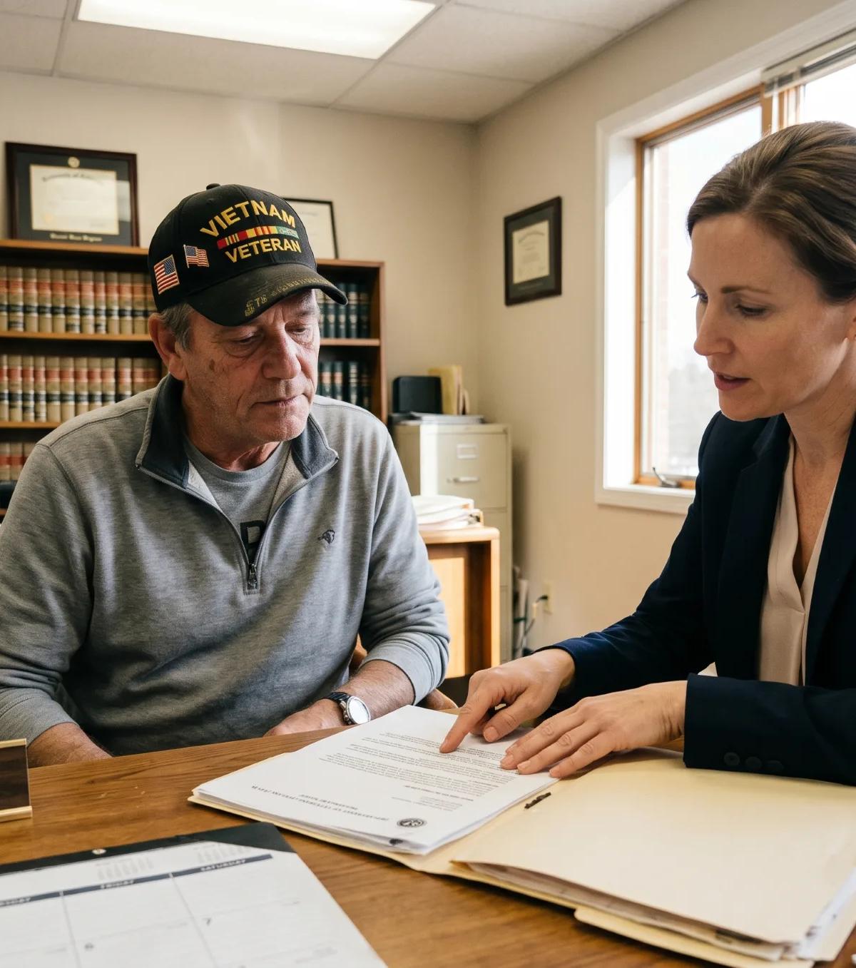 VA-accredited attorney reviewing hearing loss and tinnitus disability claim file with Vietnam veteran client in law office