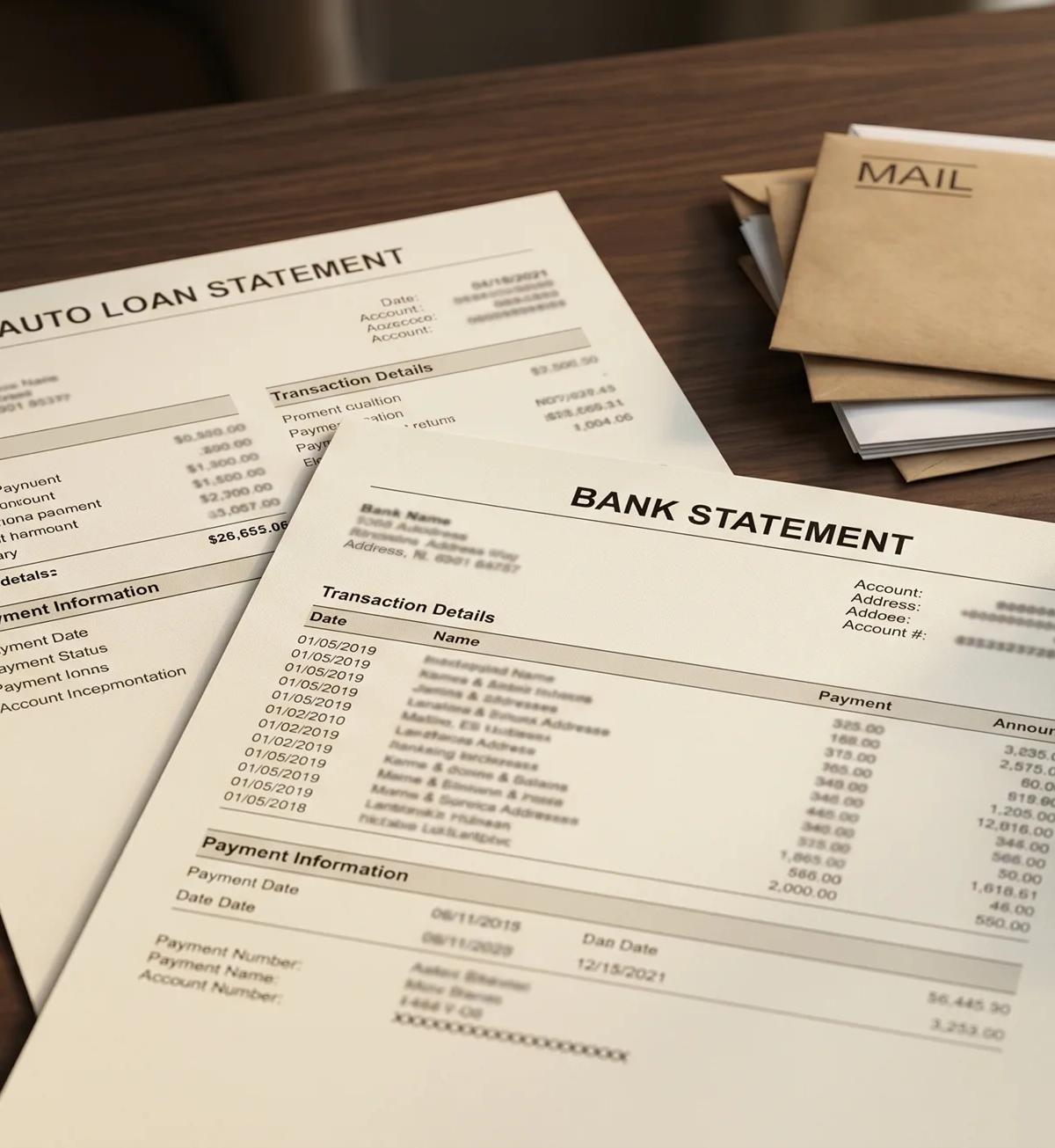 Auto loan statement and bank statement laid out on a wooden desk next to a calculator, a leather-bound notebook with a pen on top, and a small stack of mailed envelopes, illustrating a borrower reviewing past auto loan payments for convenience fees.