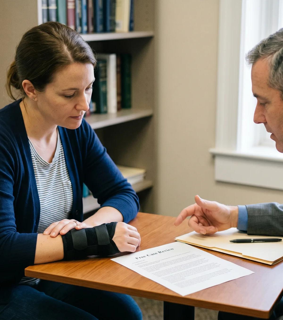 Injured worker in a wrist brace meeting a work comp attorney near me for a free case review of her workers compensation claim