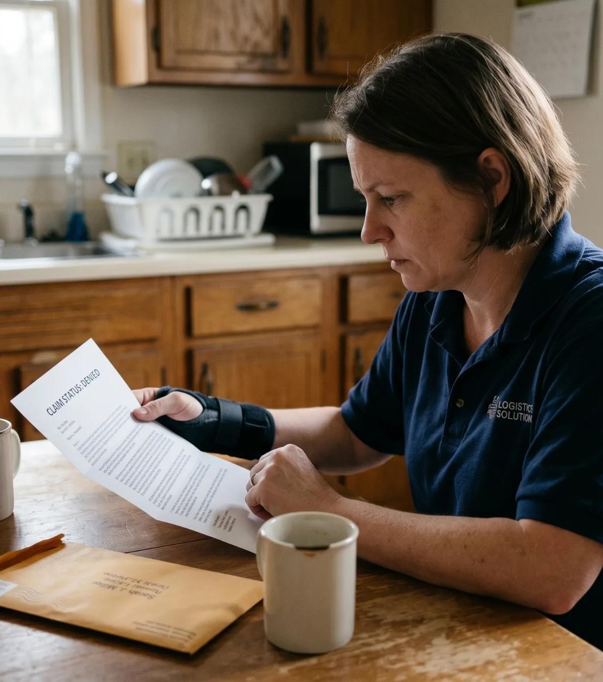 Injured worker in a wrist brace reading a workers' comp claim denial letter at her kitchen table, a sign it's time to hire a workers comp lawyer.