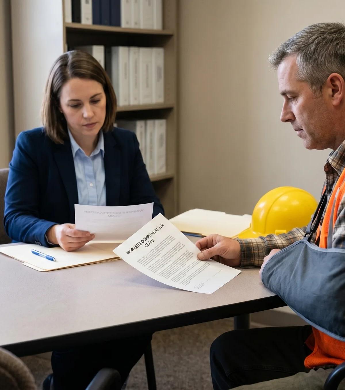 Injured worker in a safety vest and arm sling reviewing a workers compensation claim with a workers' comp lawyer near me