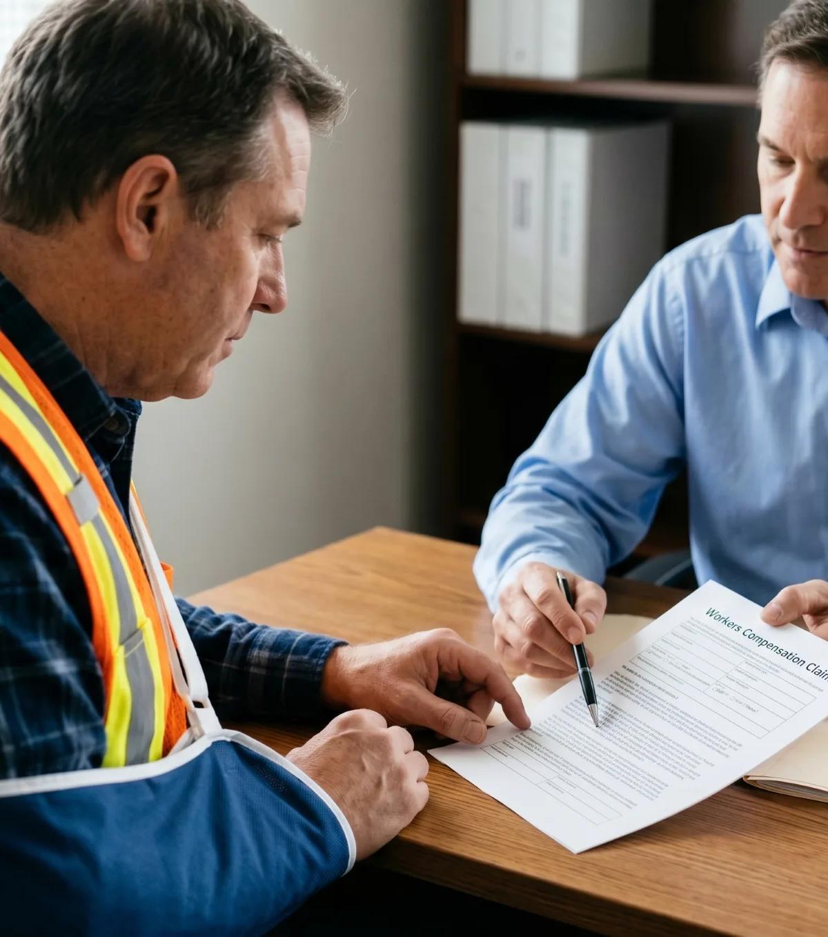  Injured worker in a safety vest and arm sling reviewing a workers compensation claim form with a workmen compensation lawyer at a desk.
