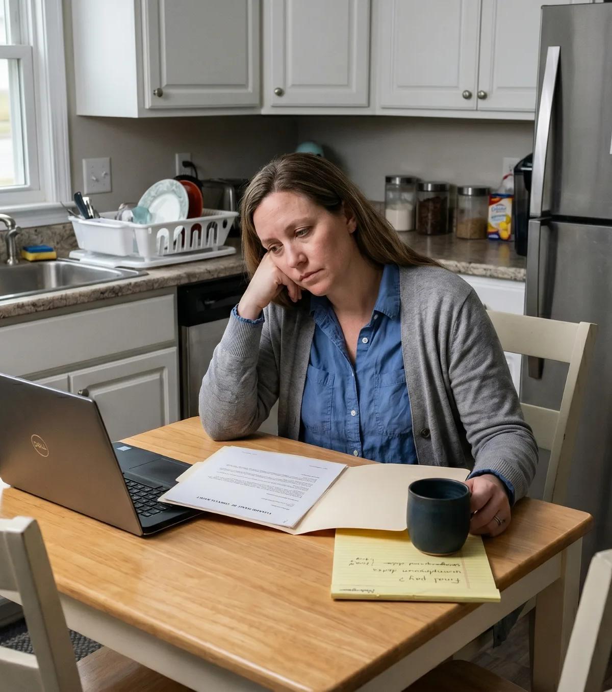 Woman sits at her kitchen table reviewing a termination letter and notes about her wrongful termination case beside an open laptop.