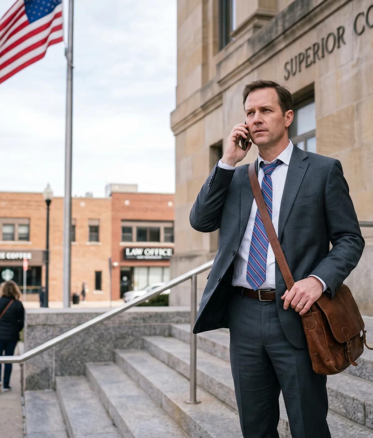 Attorney in charcoal suit on phone outside a Superior Court building, illustrating how to find wrongful termination lawyers near me.